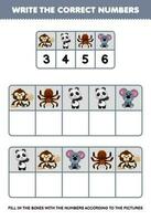 educación juego para niños escribir el Derecha números en el caja según a el linda dibujos animados mono panda coala tarántula en el mesa imprimible animal hoja de cálculo vector