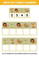 educación juego para niños escribir el Derecha números en el caja según a el linda dibujos animados zorro león Pato Tigre en el mesa imprimible animal hoja de cálculo vector
