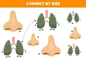 Educational game for kids connect by the size of cute cartoon nose and lung printable anatomy worksheet vector