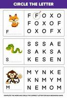 Education game for children circle the beginning letter from cute cartoon fox snake monkey printable animal worksheet vector