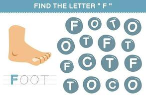 Education game for children find the letter C with cute cartoon foot printable anatomy worksheet vector