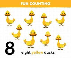 Education game for children fun counting cute cartoon eight yellow ducks printable animal worksheet vector
