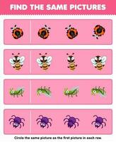 educación juego para niños encontrar el mismo imagen en cada fila de linda dibujos animados mariquita abeja saltamontes araña imprimible animal hoja de cálculo vector