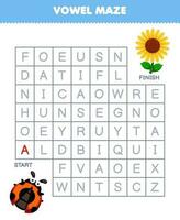 Education game for children vowel maze help cute cartoon ladybug move to sunflower printable animal worksheet vector