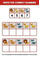 educación juego para niños escribir el Derecha números en el caja según a el linda dibujos animados león leopardo Tigre lobo en el mesa imprimible animal hoja de cálculo vector