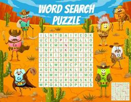 Word search puzzle with cowboy vitamin characters vector