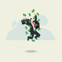 Businessman jumping surrounded by money. Successful business or rich concept design vector illustration
