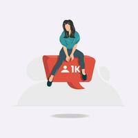 Woman sitting on flying followers comment notification design vector illustration