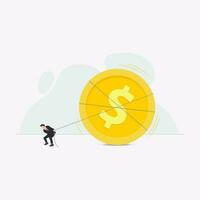 Businessman pulling the giant dollar coin. Fund raising, looking for investor concept vector illustration