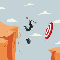 Businessman jumping from the cliff with arrow in hand toward to target. Reaching the target and goal in business concept illustration vector