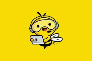 The yellow flying bee holding a laptop logo design for customer service vector