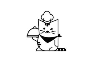 The cat chef outline logo design black and white coloring pages vector