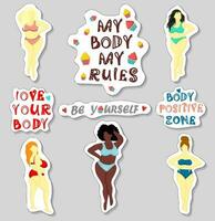 My body is my rules. A set of stickers with overweight women and motivational inscriptions about weight and weight loss. vector