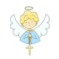 Cute Boy Angel in Festive Attire with Folded Hands on the Chest for Prayer and a Cross Hanging on the Folded Hands Illustration is done in a Doodle Style vector