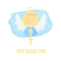 Cute angel girl in festive attire with folded hands on the chest for prayer and a cross hanging on the folded hands The illustration is done in a watercolor style with the text God bless you vector