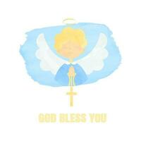 Cute angel in festive attire with folded hands on the chest for prayer and a cross hanging on the folded hands The illustration is done in a watercolor style with the text God bless you vector