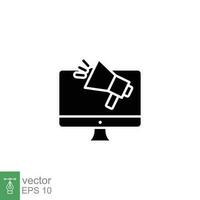 megáfono en computadora icono. sencillo sólido estilo. digital márketing campaña, en línea promoción, negocio concepto. silueta, glifo símbolo. vector símbolo ilustración aislado en blanco antecedentes. eps 10