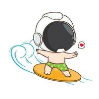 Cute astronaut surfing on the wave. Summer holiday concept design. Isolated white background. Vector art illustration