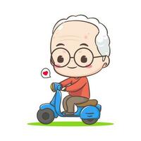 linda abuelo dibujos animados personaje. abuelo montando scooter o motocicleta. personas y transporte concepto diseño. aislado blanco antecedentes. vector Arte ilustración