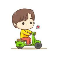 Cute boy Cartoon Character riding scooter or motorcycle. People and transportation Concept design. Isolated white background. Vector art illustration