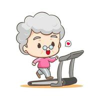 Cute grandmother Cartoon Character. grandma running on treadmill. Sport Concept design. Isolated white background. Vector art illustration