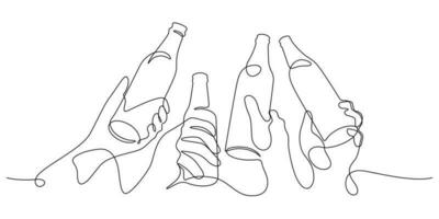 beer clinking toasting with bottles in celebration party one line vector