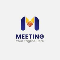 Handshake logo forming letter M in blue and yellow colors. Creative meeting logo for business. Abstract symbol of the initial M for connecting with people vector