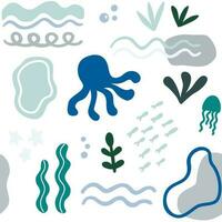 Nautical marine abstract shapes seamless pattern. Figures of octopus, jellyfish and algae. Sea life blue turquoise pattern. vector