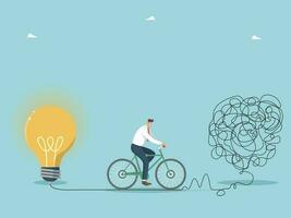 Creative thought process and thinking, the ability to solve problems and find ways out of difficult situations, intelligence and wisdom, man on a bicycle turns confused thoughts into innovative ideas. vector