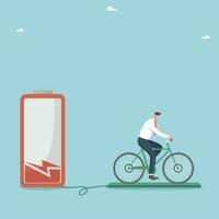 Renewable energy, green electricity, exercise bike generates electricity, healthy lifestyle, hard work to replenish energy and build strength for the future, a person on a bicycle charges the battery. vector
