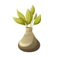 Vase with green leaves. Floral ornament elements in cartoon style. New trendy home decor. Vector flat illustration isolated on white background.