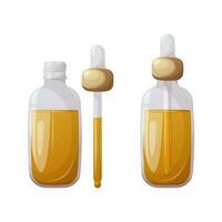 Glass bottle with a pipette with oil serum in closed and open form. Cosmetic fluid for skin care. Trendy vector illustration.