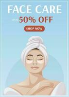 Skin care sale poster. Woman in bathrobe and towel, eye patches. Health and beauty. Vector illustration. For advertising, website, banner. a4 format