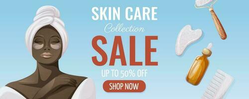 Skin care sale promotion banner. African American woman in bathrobe and towel. Gua sha massage tools, eye patches, oil serum. Health and beauty. Vector illustration. For poster, advertising, website.