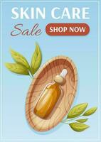 Skin care sale poster. Oil serum in a wooden bowl surrounded by green leaves. Health and beauty. Vector illustration. For advertising, website, banner. a4 format