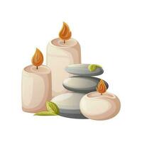 Spa stones surrounded by burning candles. Balance. Decorative accessory for salon, massage, relaxation or meditation. Cartoon style. Trendy vector illustration.