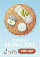 Skin care sale poster. Round wooden board with rolled up towel and face cream. Top view. Health and beauty. Vector illustration. For advertising, website, banner. a4 format