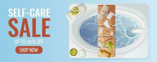 Self-care, sale promotion banner. Bath with water, wooden stand with gua sha massage tools, headband, eye patches, cream, towel, eye patches, oil serum. Vector illustration. For advertising, website