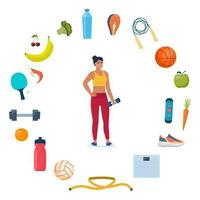 Woman dressed in sports clothes does exercises with dumbbells. Icons of healthy food, vegetables and sports equipment for different sports around her. Healthy lifestyle concept. Vector illustration.