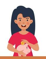 Happy girl kid putting a gold coin into a piggy bank. Money saving, economy. Vector illustration.