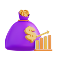 3d illustration of money bag and rising financial graph png