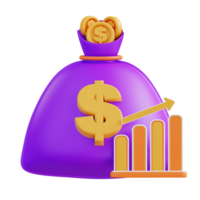 3d illustration of money bag and rising financial graph png