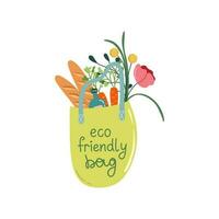 Reusable bag with purchases. Lettering Eco friendly bag. Zero waste, sustainable lifestyle concept. Flat style vector illustration.