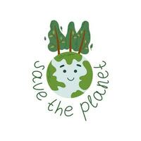 Planet Earth with smiling face and trees, Save the Planet lettering. Ecology, sustainable nature, planet conservation concept. Hand drawn flat style vector illustration.