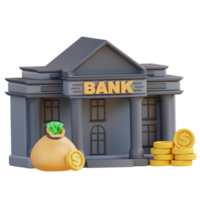 3d Illustration of bank building and money bag png