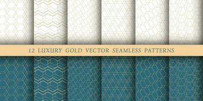 Set of 12 luxurious vector seamless patterns. Geometrical patterns on a white and emerald background. Modern illustrations for wallpapers, flyers, covers, banners, minimalistic ornaments, background