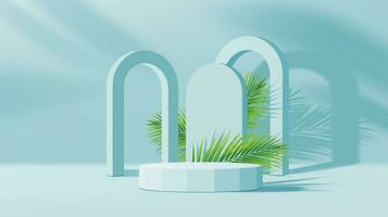 Blue arch and podium with palm leaves shadow vector