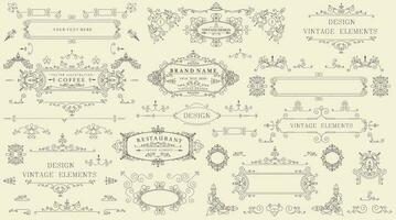 Decorative vintage set of thin calligraphic elements. Borders, frames, dividers, ornaments, page decoration. Combinations for retro design, greeting cards, certificates and invitations. vector