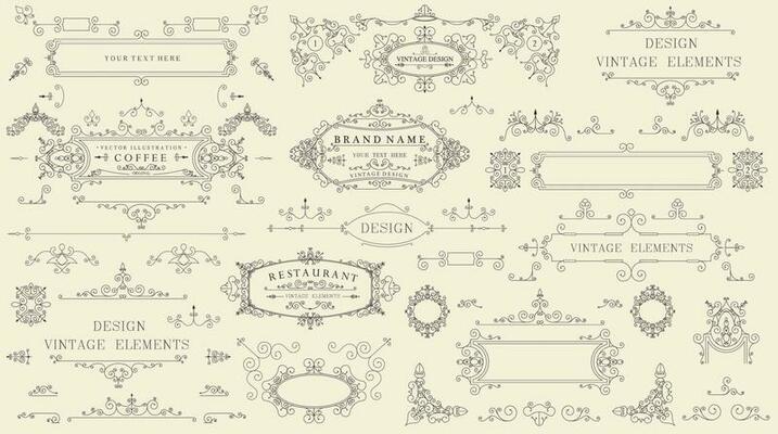 Decorative vintage set of thin calligraphic elements. Borders, frames, dividers, ornaments, page decoration. Combinations for retro design, greeting cards, certificates and invitations.
