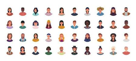 conjunto de varios personas avatares vector ilustración. multiétnico usuario retratos diferente humano cara iconos masculino y hembra caracteres. sonriente hombres y mujer.